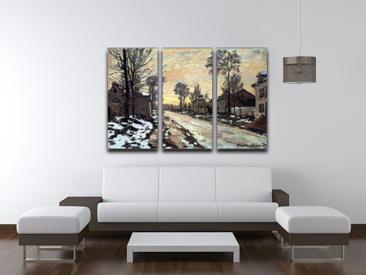 Three-panel canvas art featuring Monet's Road to Louveciennes with children playing in the snow at sunset.